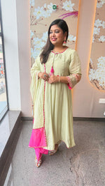 Pista green Mul chanderi lining Anarkali suit set