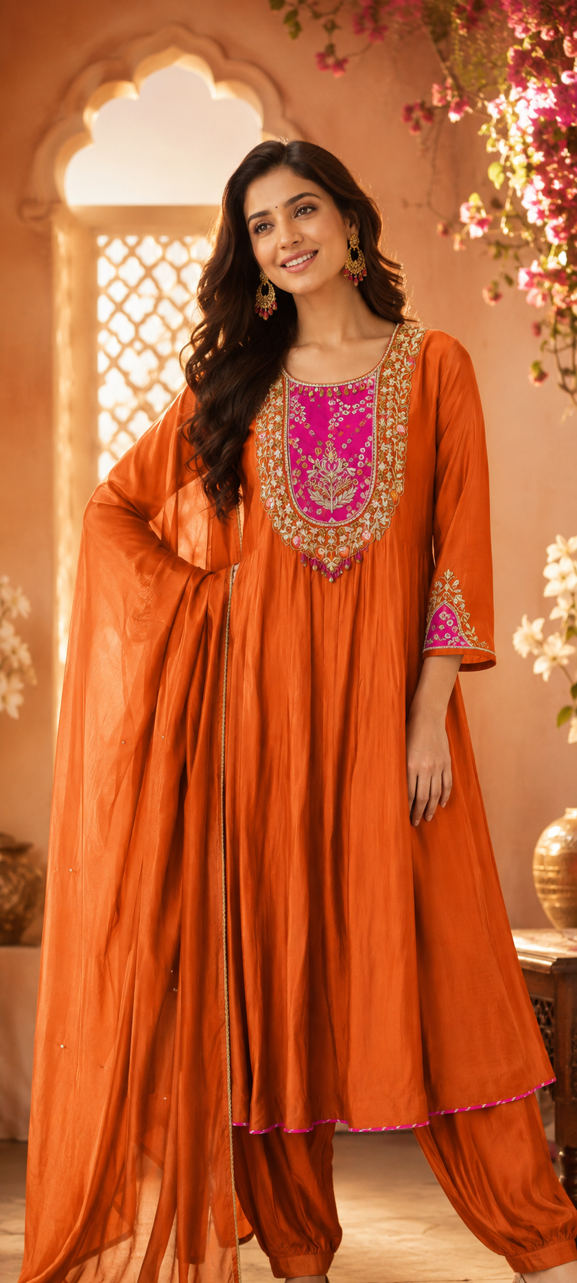 Premium Mul chanderi with bandhani detailing suit set in rust