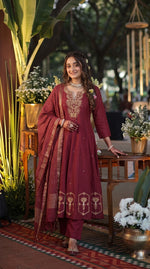 Premium zari embroidered Mul chanderi full suit set in red