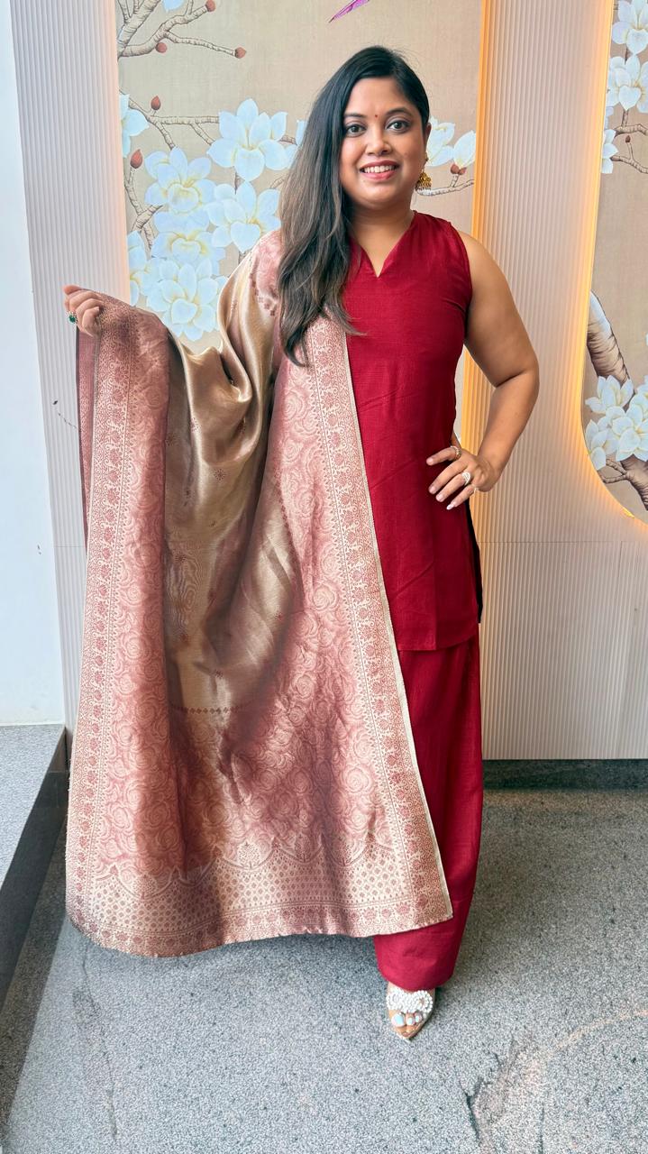 Pretty silk farshi suit set paired with Banarasi dupatta
