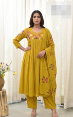 Mul chanderi with lining fully embroidered in yellow