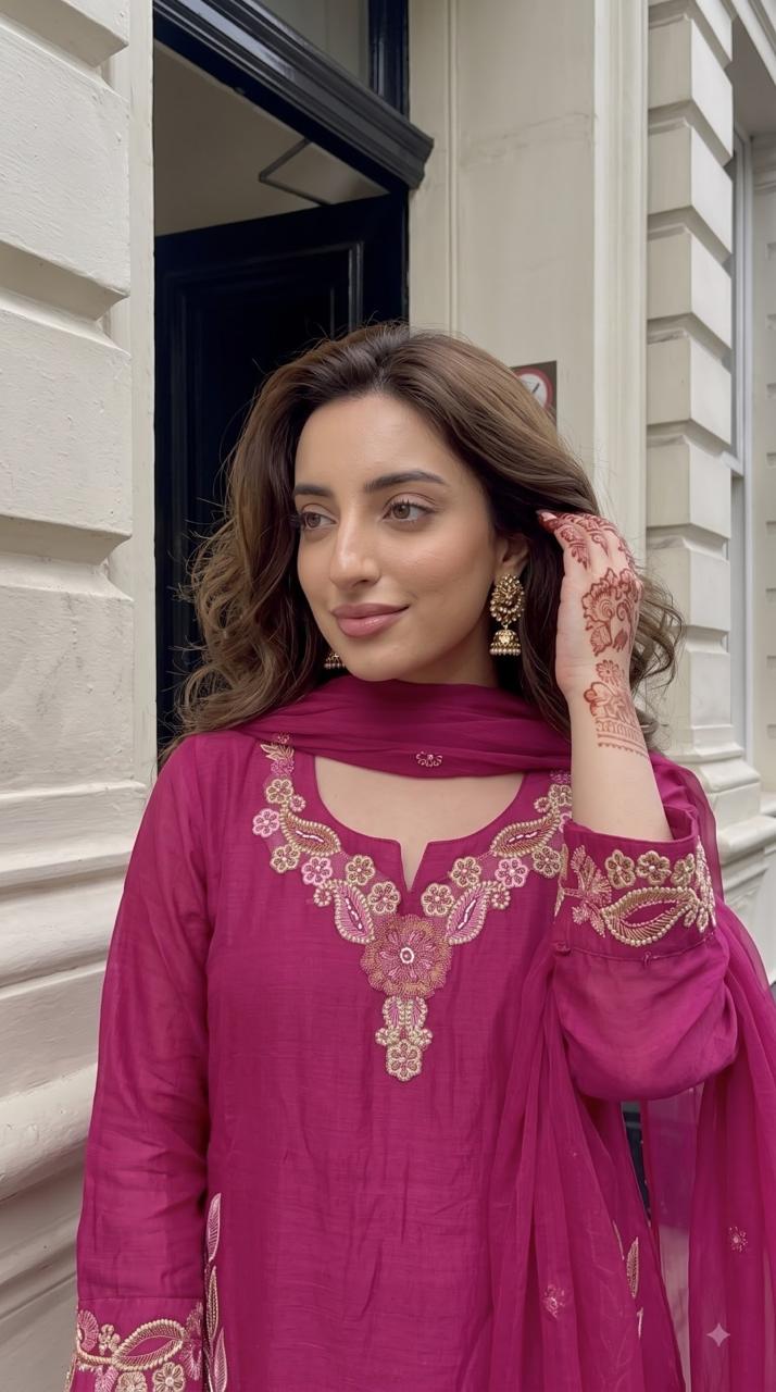 Premium Mul chanderi fully embroidered in Rani pink