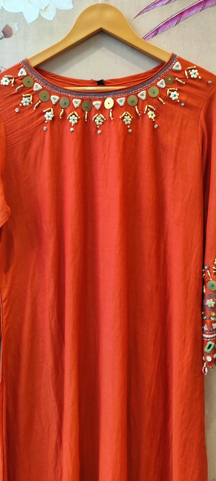 Super pretty handwork Mul chanderi suit set in orange