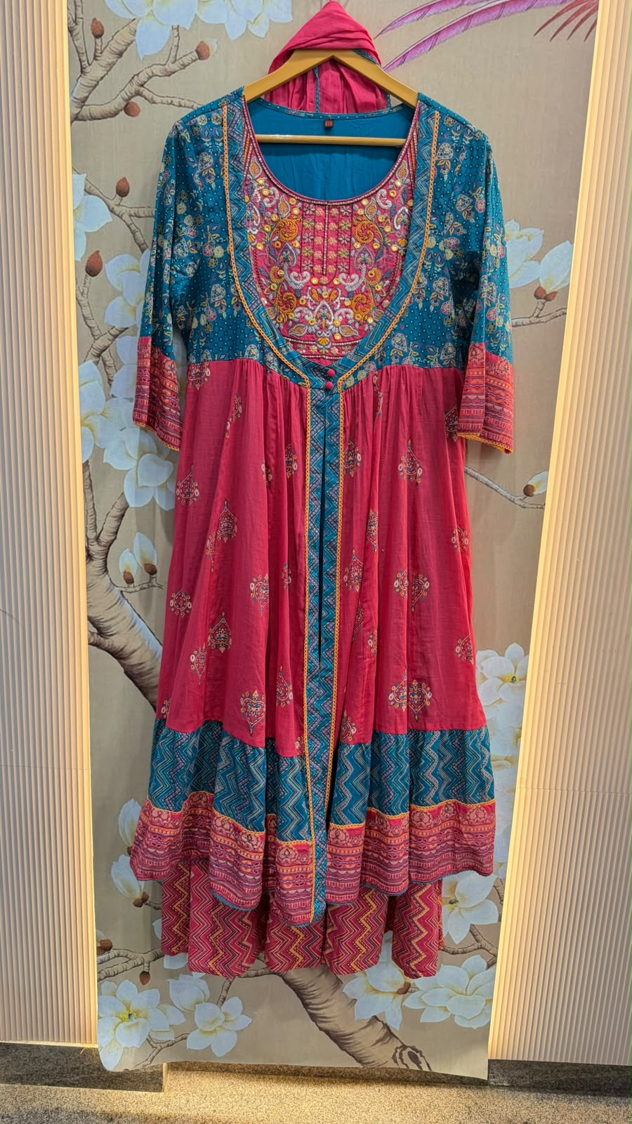 Premium Mul cotton layered gown in pink n blue with dupatta