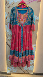 Premium Mul cotton layered gown in pink n blue with dupatta