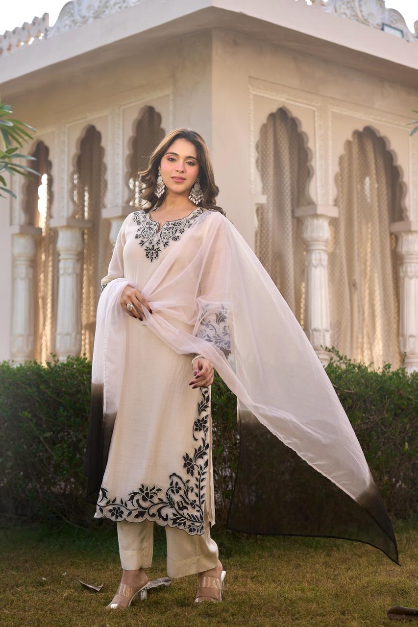 Fully embroidered and cutwork Mul chanderi suit set in white n black