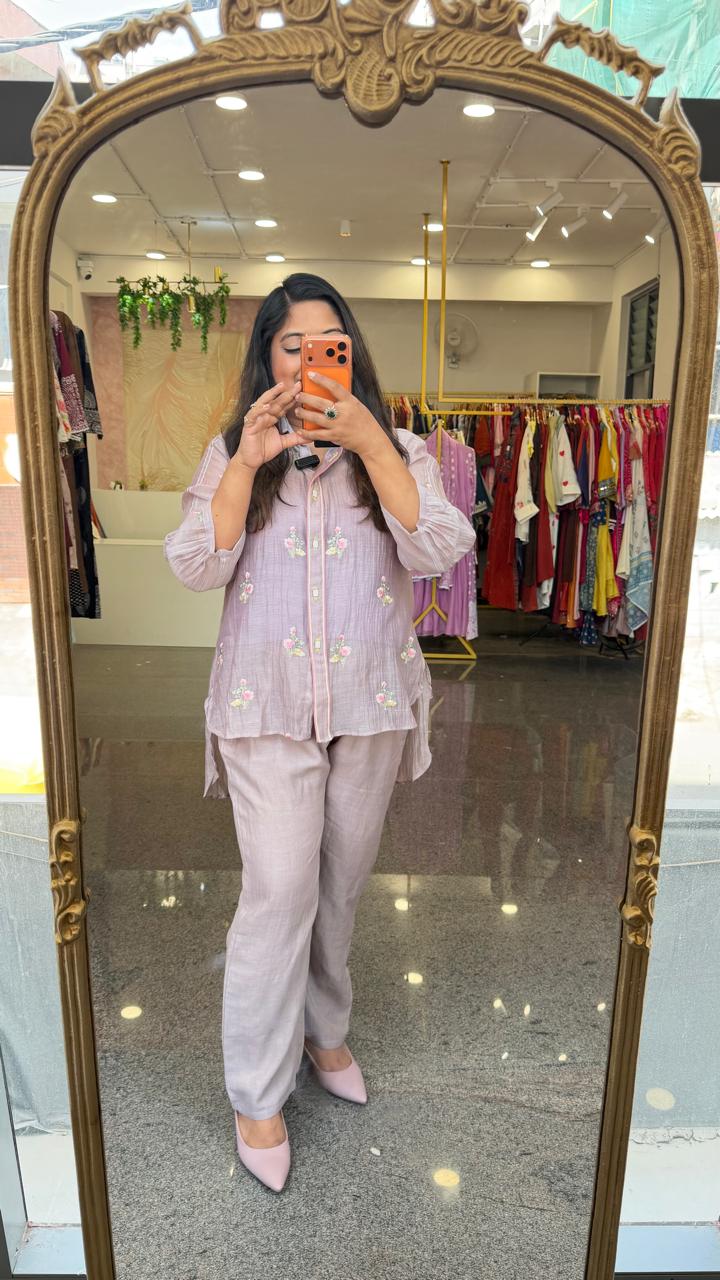 Restocked !! Viral co ord in new colour! Pure Banarasi Mul chanderi paired with inner co ord set in powder purple