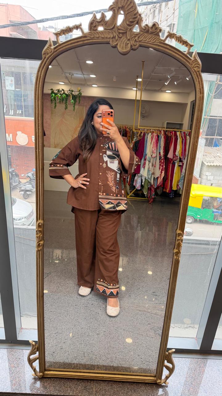 Super smart digital printed co ord set in brown