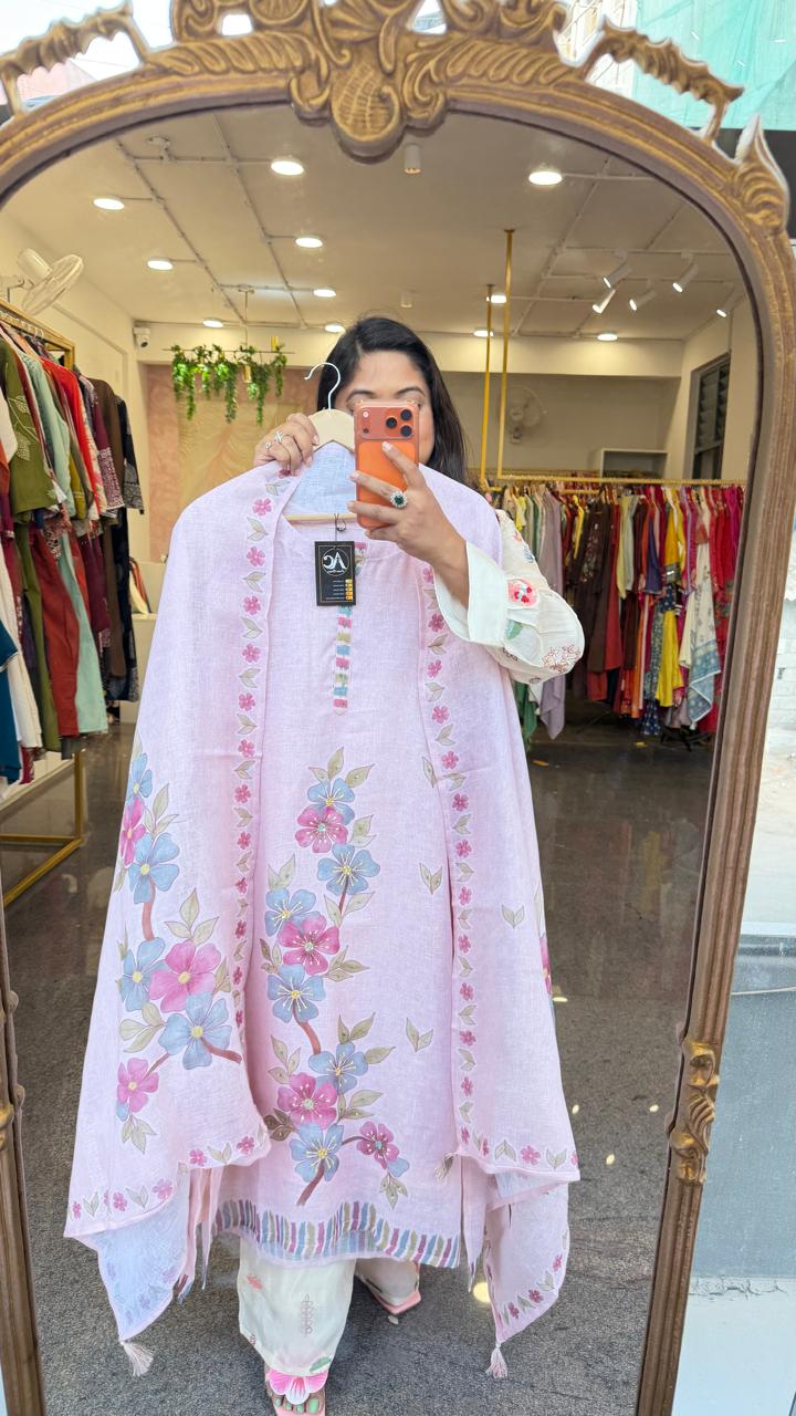 Premium linen cotton lining full suit set in pink