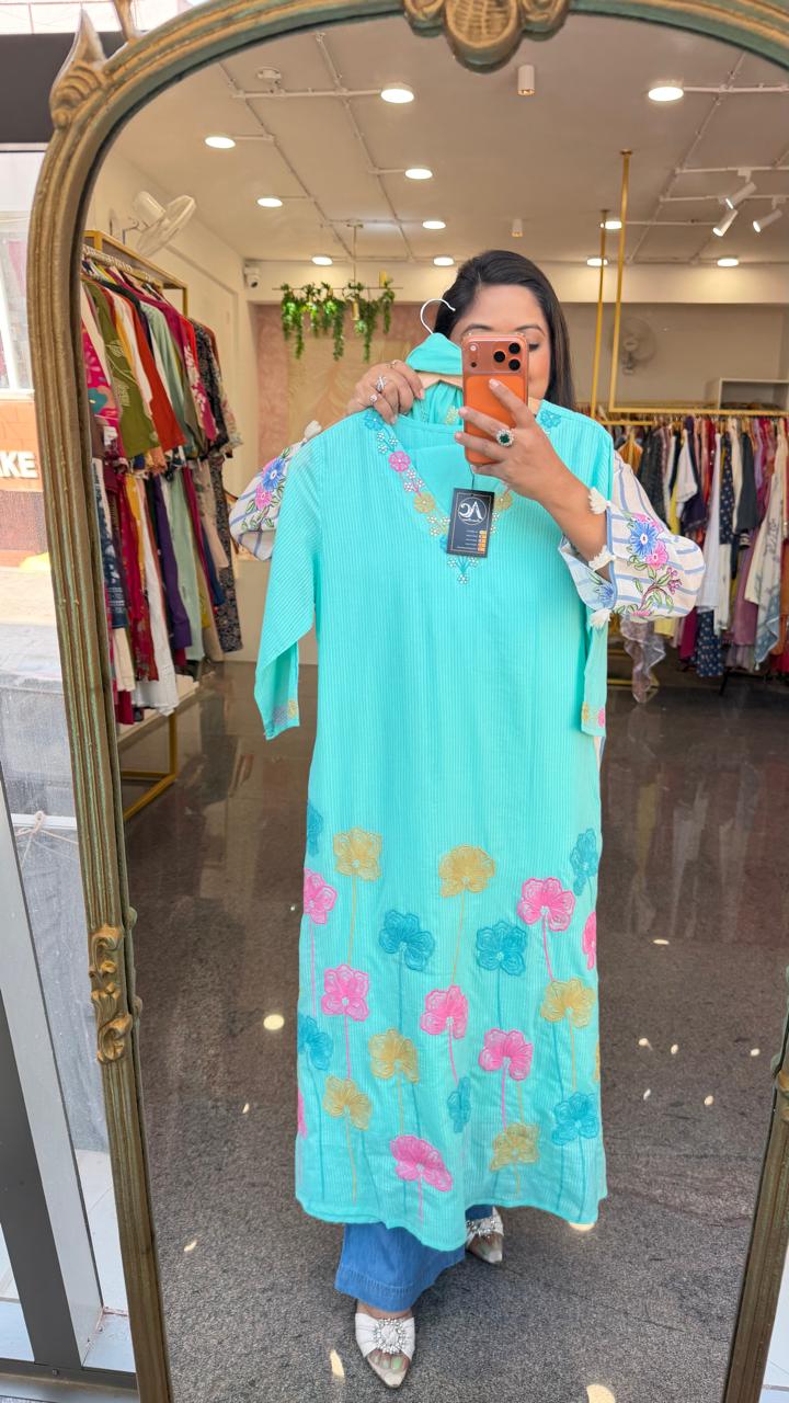 Pretty pretty fully embroidered premium cotton suit set in blue