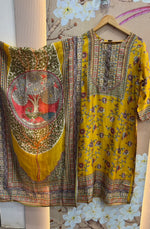 Russian silk pretty Kalamkari suit set in yellow