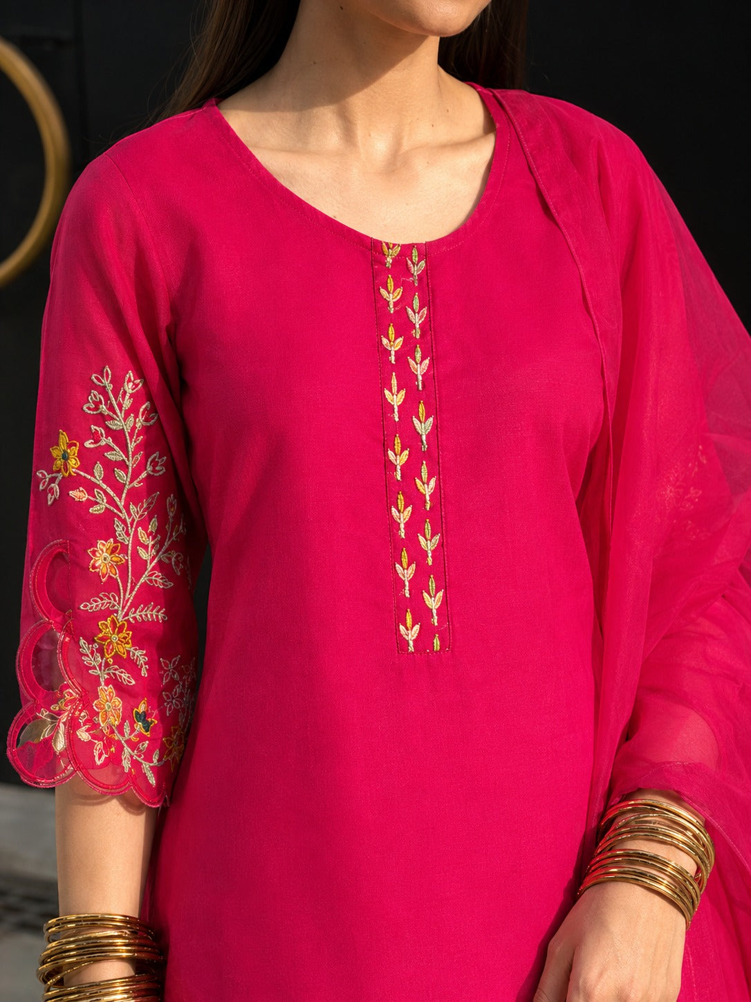 Pretty Mul chanderi paired with farshi salwar suit set in Rani pink