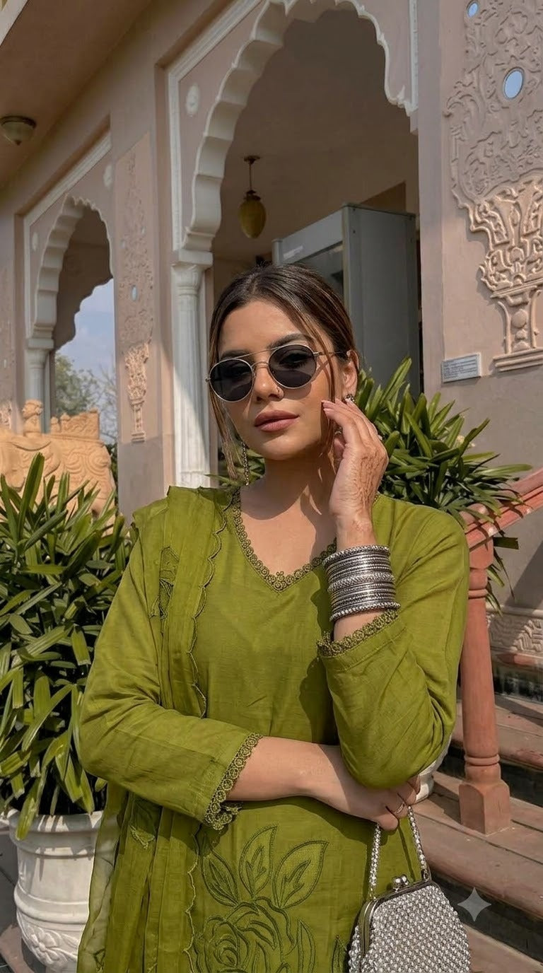 Cutwork Mul chanderi lining suit set (slim fit ) in olive