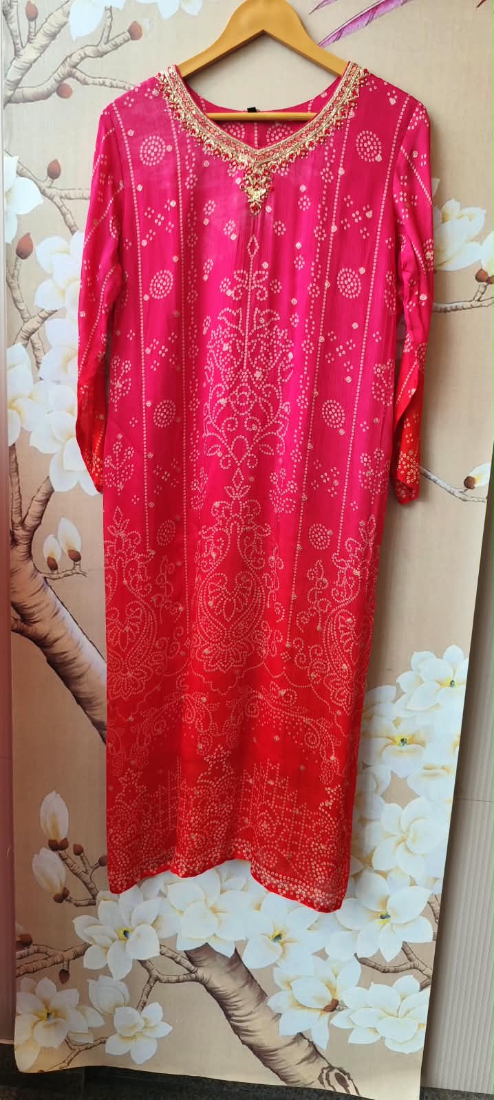 Premium chinon handwork suit set in red n pink