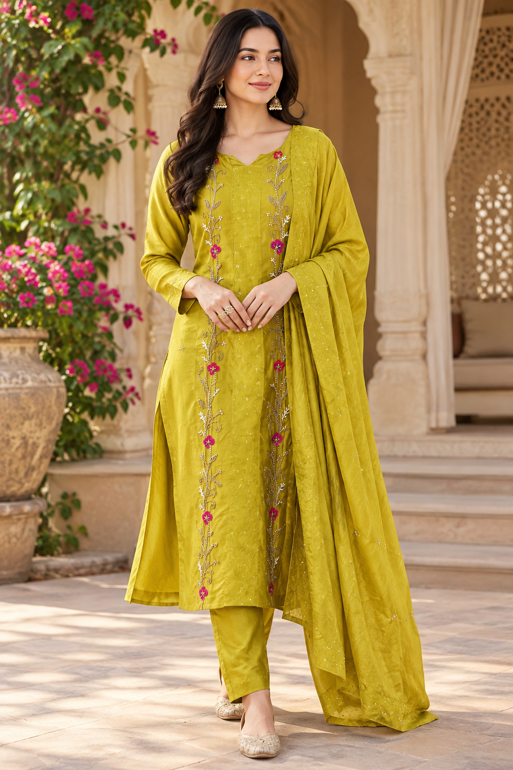 Premium dola silk with gorgeous handwork full suit set with antique handwork