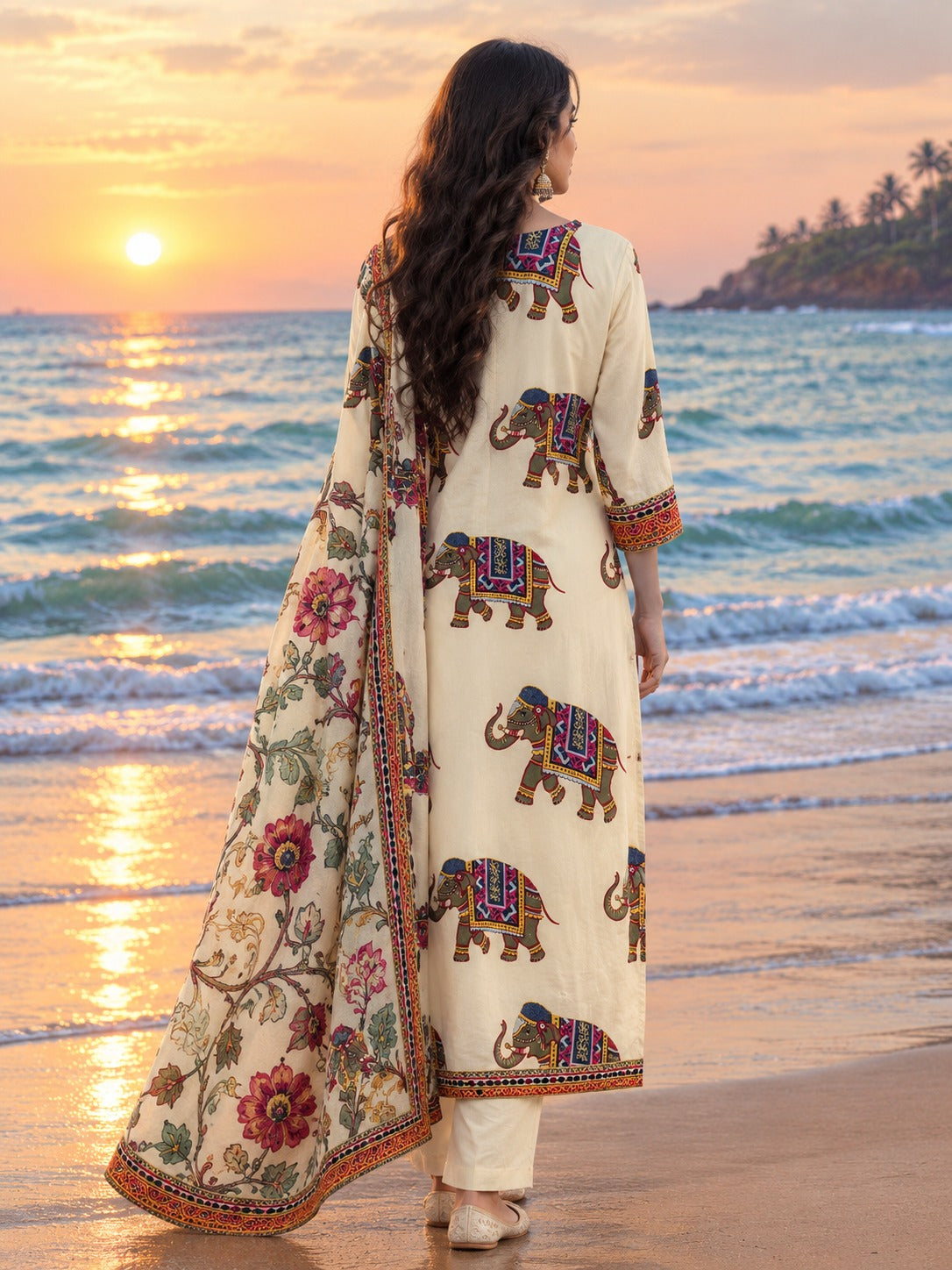 Wow Russian silk Kalamkari with beautiful handwork on yoke suit set with elephant motive on front n back
