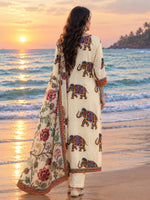 Wow Russian silk Kalamkari with beautiful handwork on yoke suit set with elephant motive on front n back