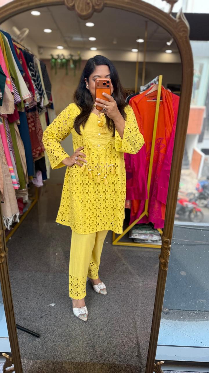 Premium cotton shifli co ord in yellow