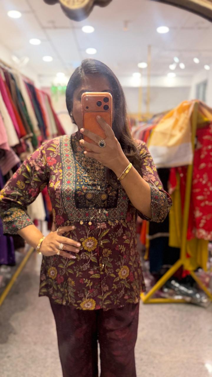 Premium crepe Kalamkari Co ord set in wine