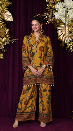 Pure crepe Kalamkari co ord set in yellow. Dispatching in next 3-4 days