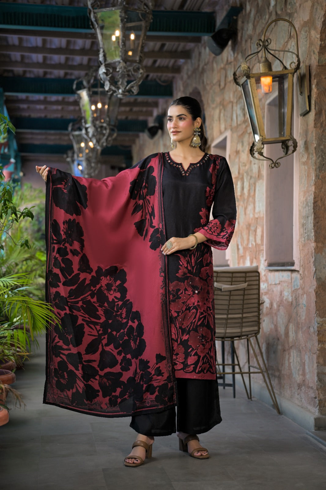 Pure Russian silk digital print red n black suit set