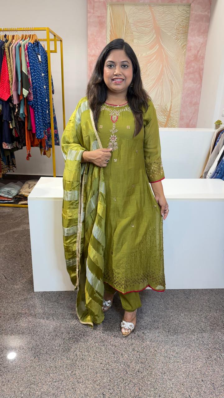 Bestselling pure Mul chanderi suit set with handwork in green