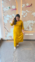 Pretty cotton embroidered kurta pant with mirror work in yellow