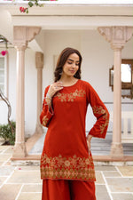 Pretty slub cotton embroidered plazzo set in rust