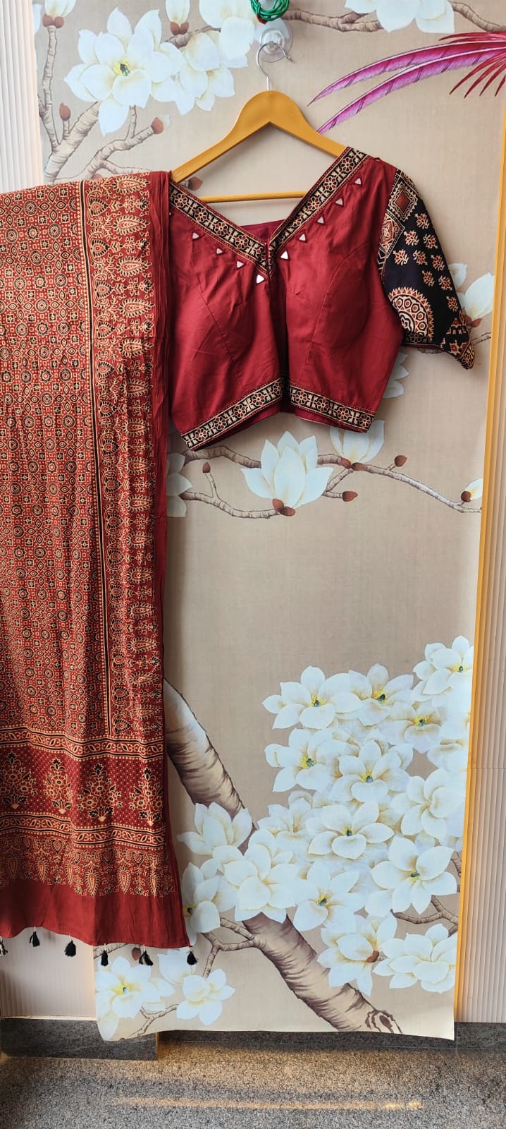 Super pretty ajrakh real mirror skirt / lehenga set in cotton in red