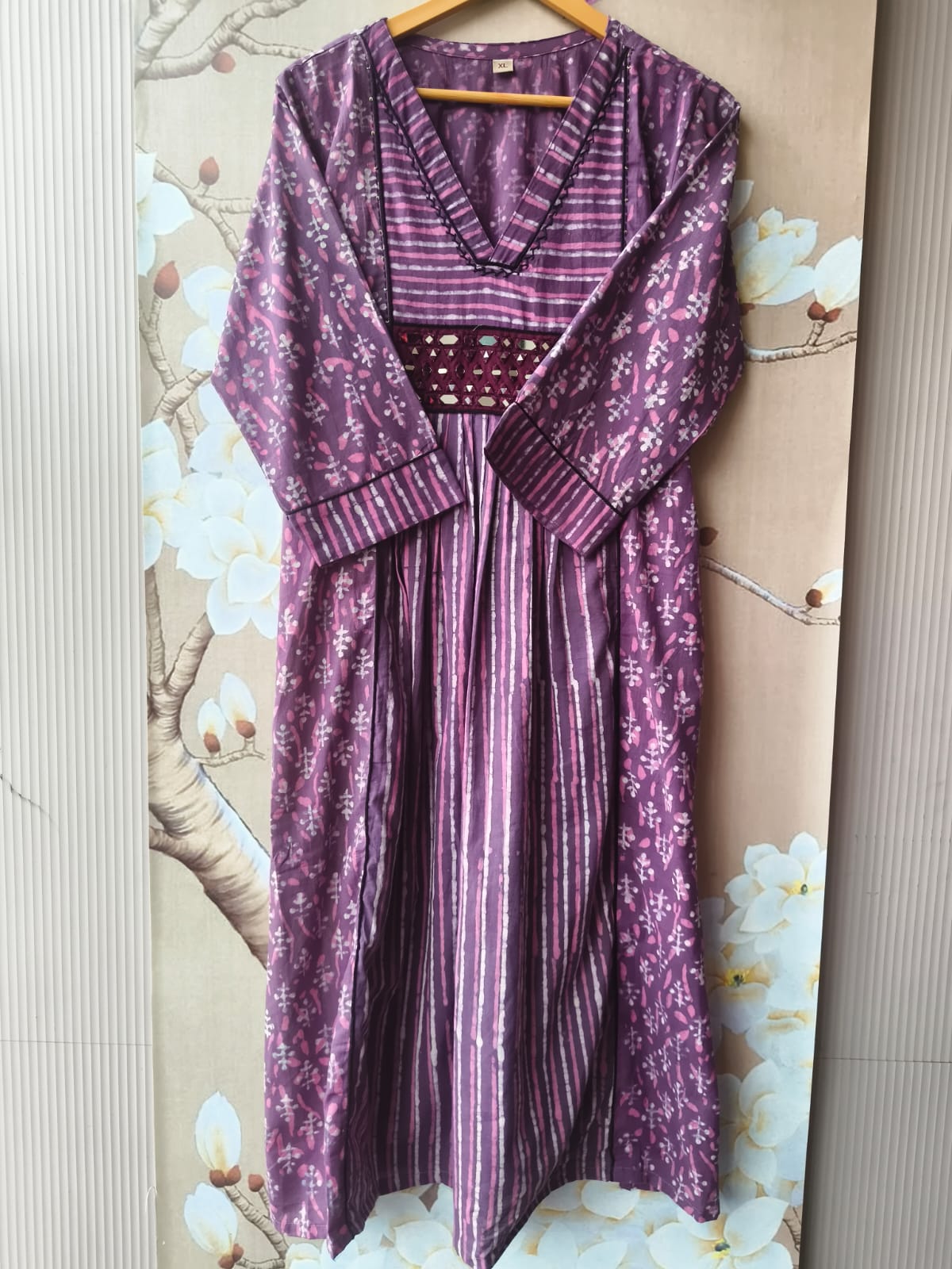 Pretty cotton real mirror block print dupatta set in purple