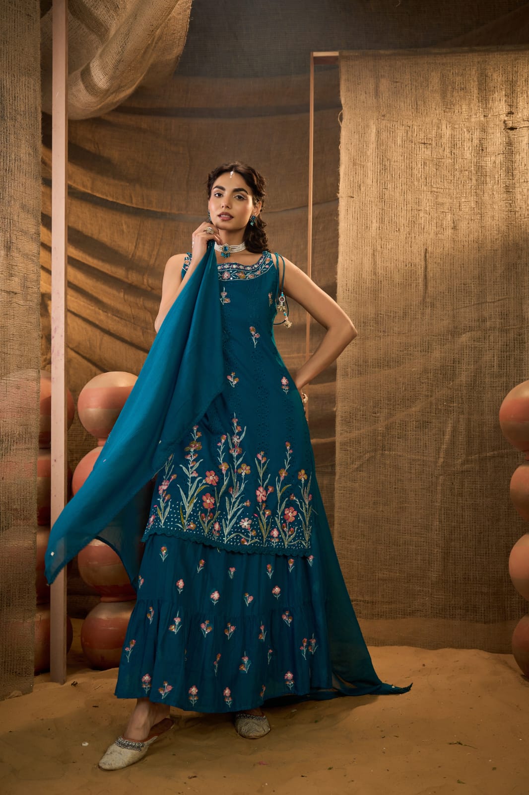 Fully embroidered Mul cotton embroidered set in teal blue