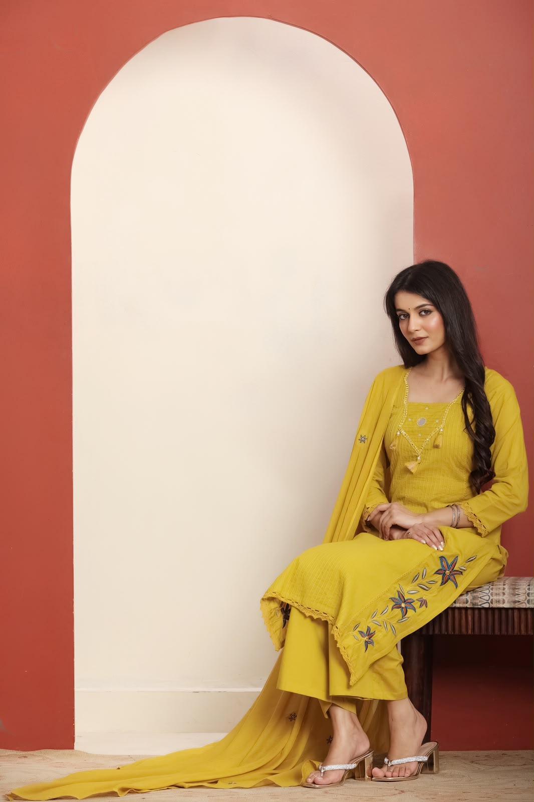 Pure cotton real mirror pintux work embroidery suit set in yellow