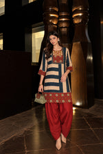 Pure crepe farshi salwar red n blue co ord set