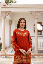 Pretty slub cotton embroidered plazzo set in rust