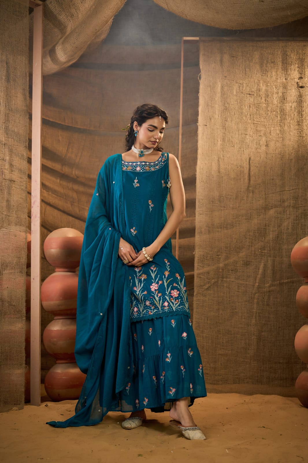 Fully embroidered Mul cotton embroidered set in teal blue
