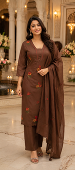 Premium brown colour embroidery Mul cotton full suit set