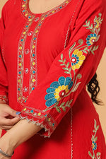 Pure cotton appliqué and zari embroidery suit set in red