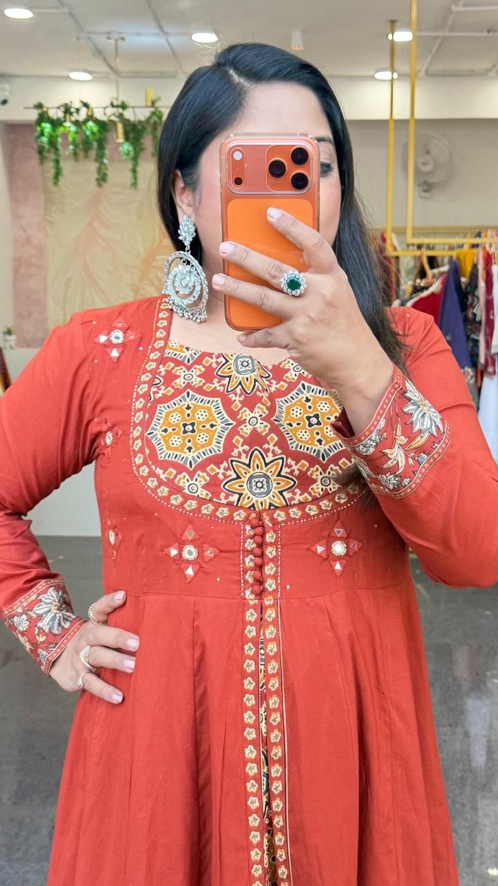 Pure cotton Anarkali suit set in orange