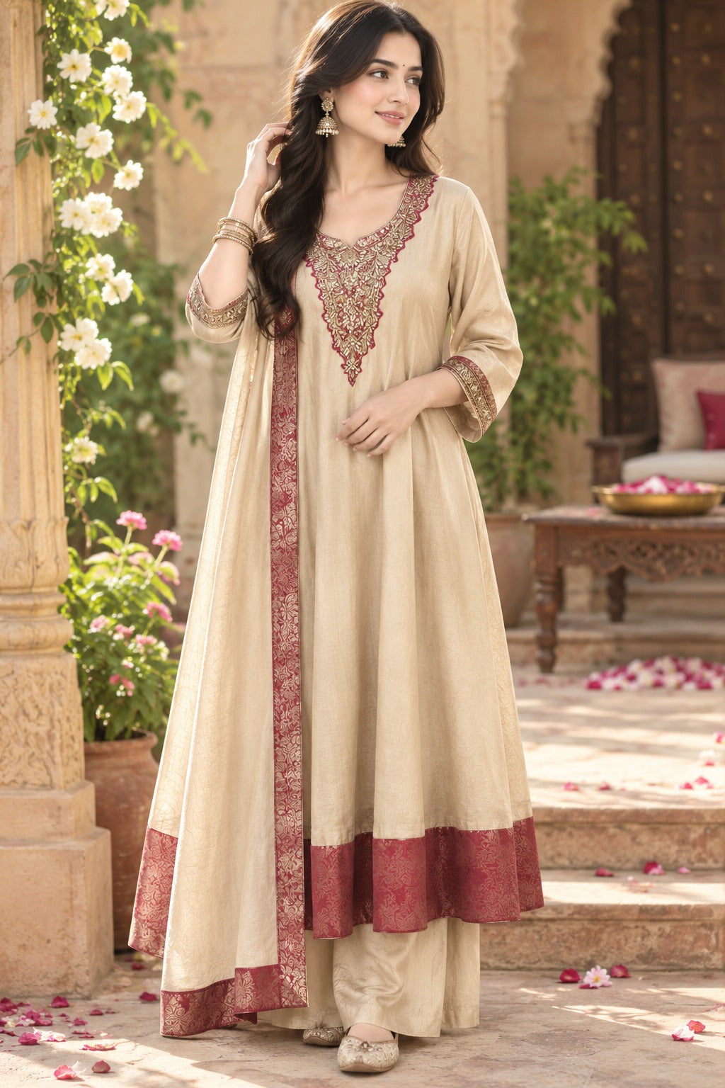 Wow tissue Anarkali suit set weigh red brocade detailing
