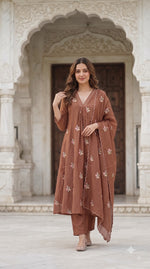 Brown Mul chanderi full suit set in brown