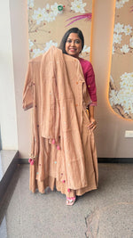 Pure Banarasi handcrafted mulchanderi layered gown with dupatta in brown