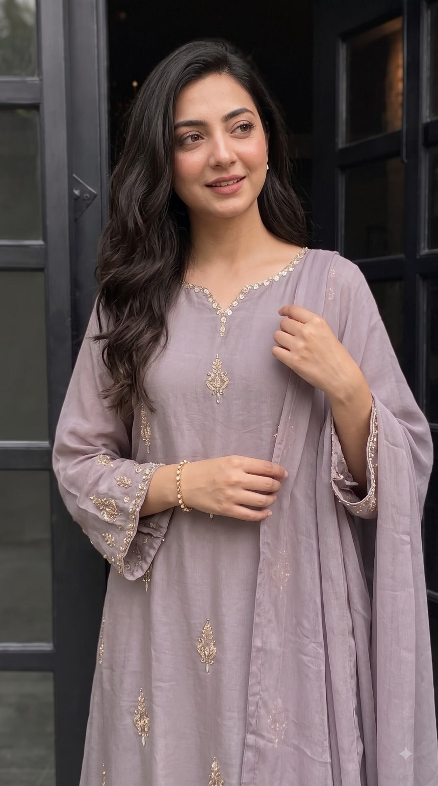 Super pretty handwork chinon purple suit set