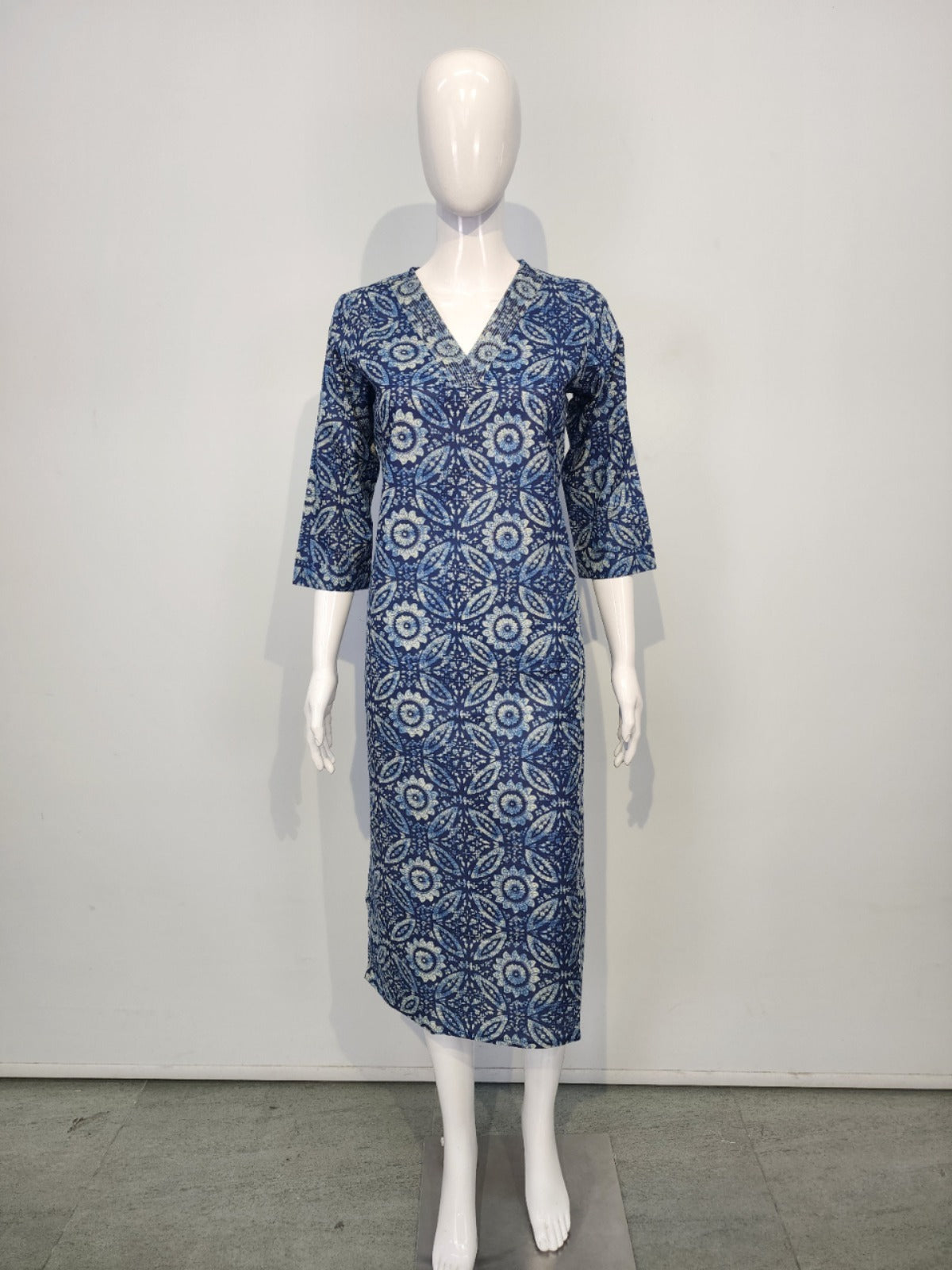 Indigo blue V neck cotton kurta