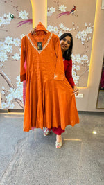 Pretty mul cotton lining suit set paired with Kota Doria dupatta in rust