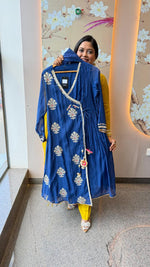 Premium Mul chanderi angrakha pattern gotta detailing suit set in royal blue