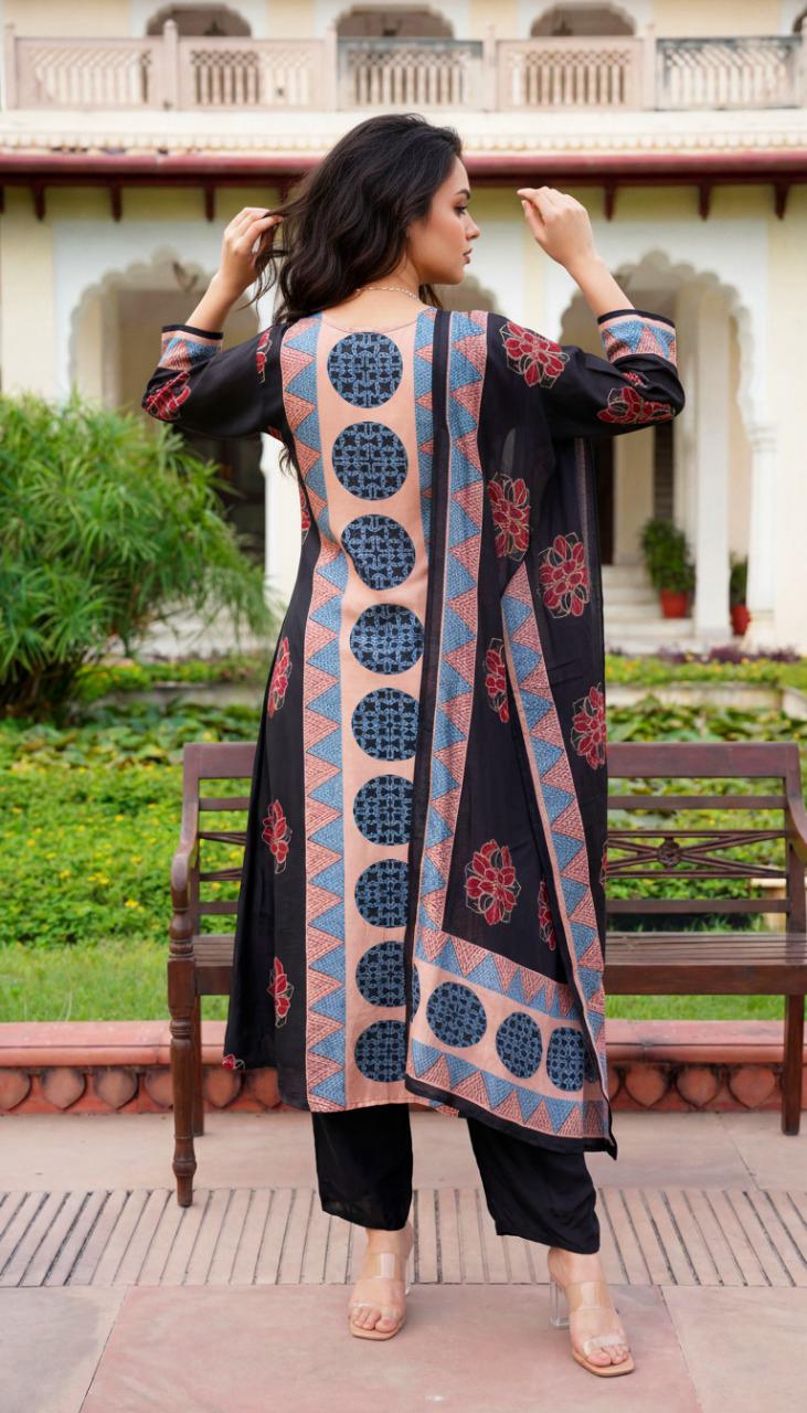 Premium mul silk ajrakh suit set
