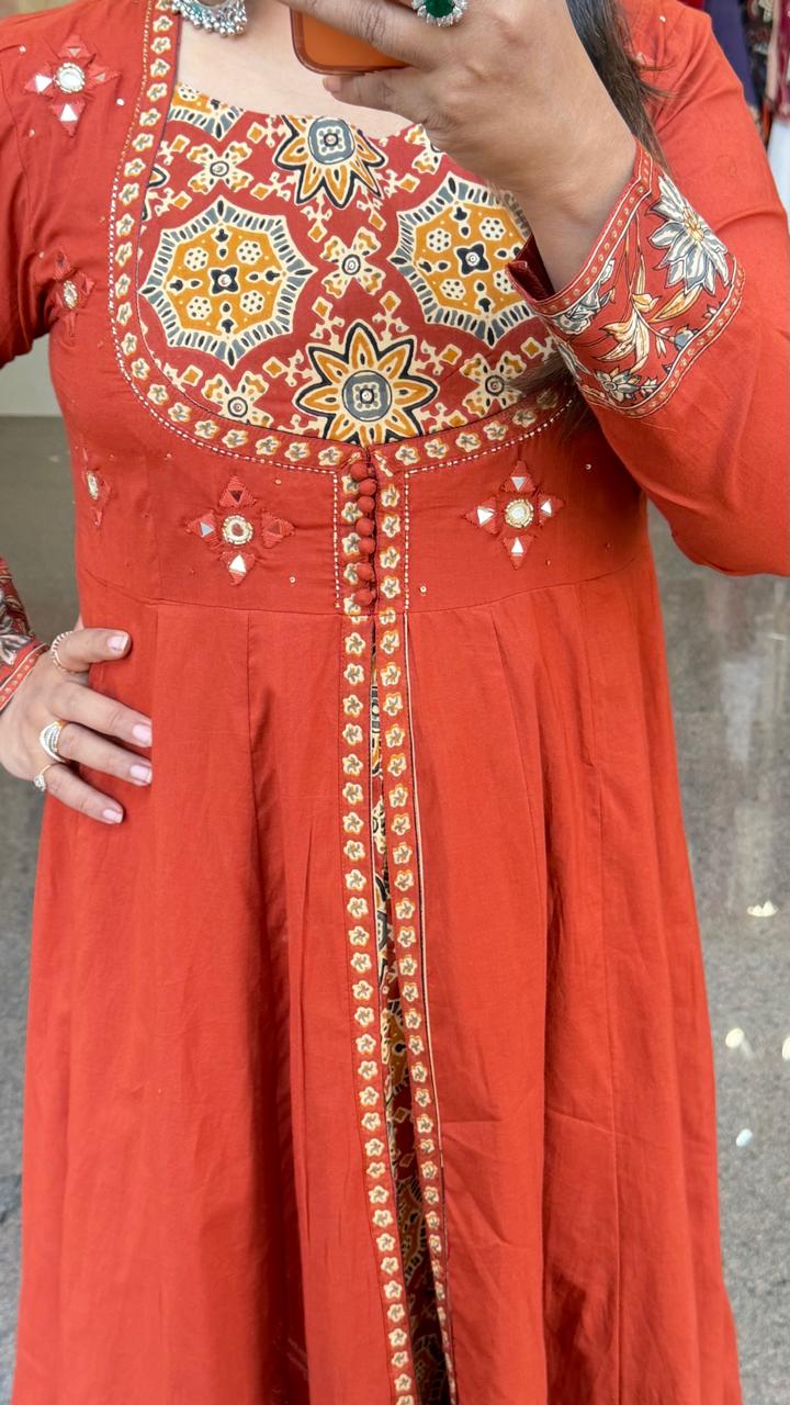 Pure cotton Anarkali suit set in orange
