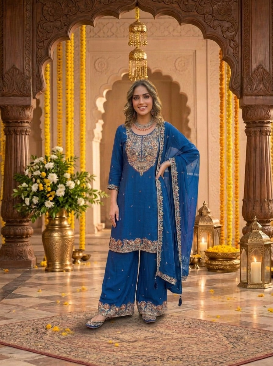Super handwork premium chinon full suit set in Royal blue