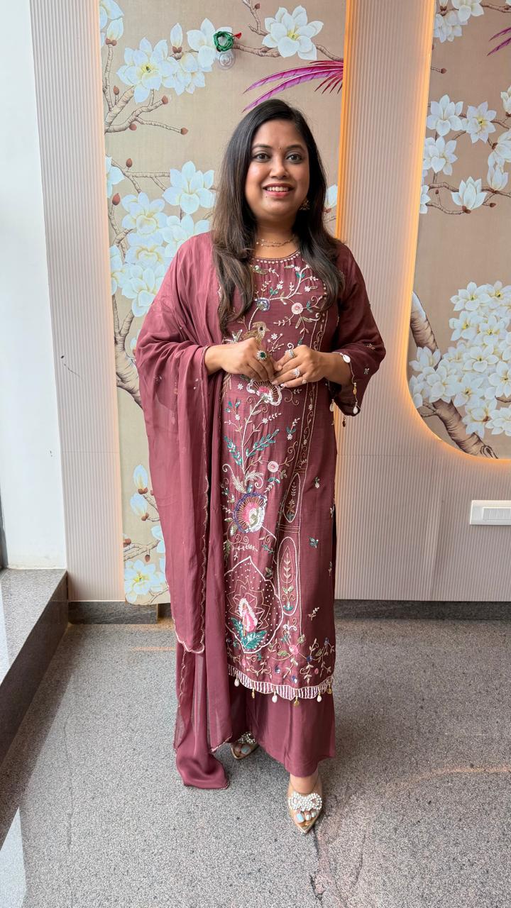 Pretty hand work dola silk suit set with pearl detailing and heavy handwork in wine