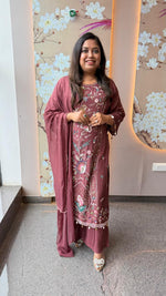 Pretty hand work dola silk suit set with pearl detailing and heavy handwork in wine